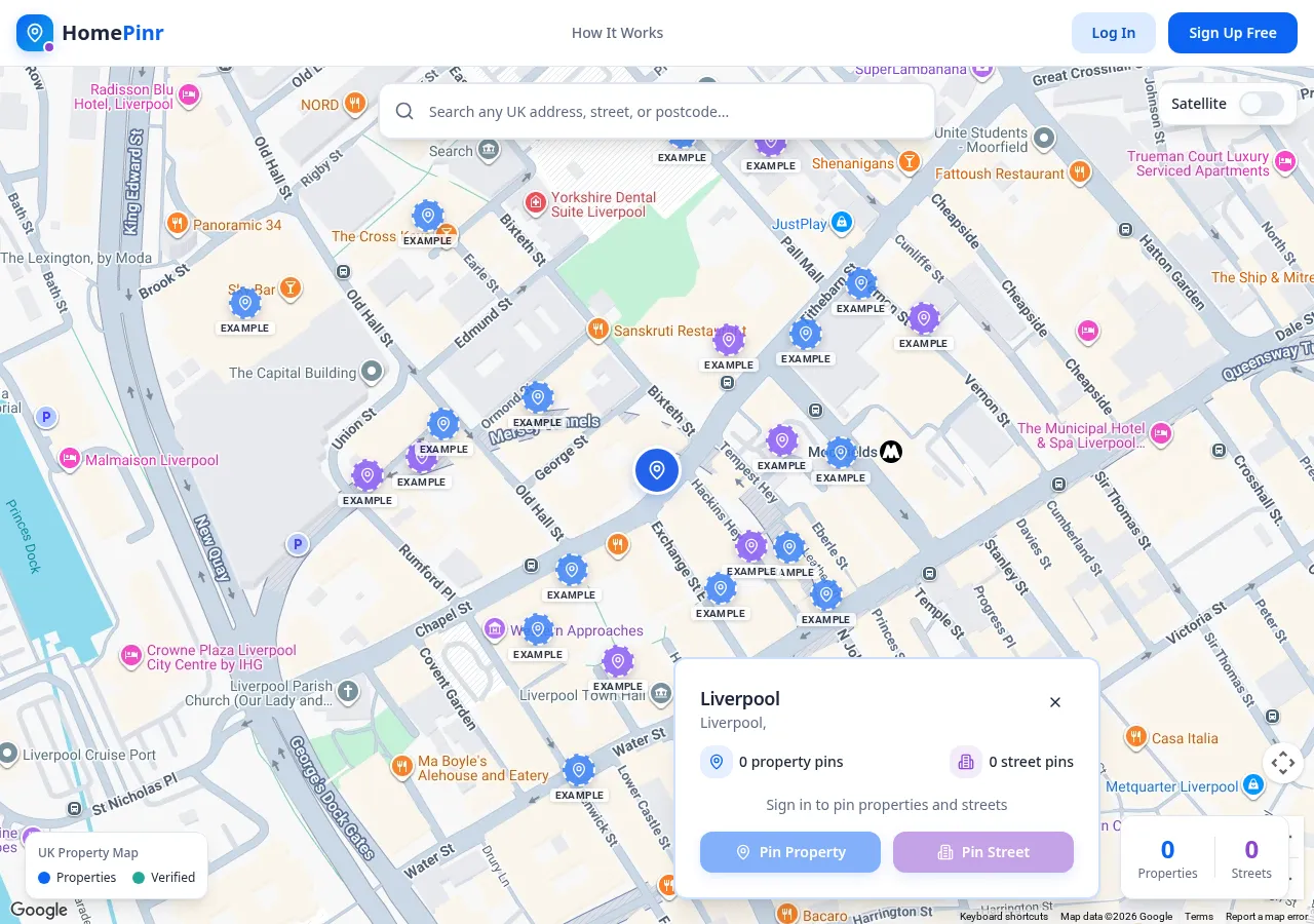 HomePinr map of Liverpool city centre showing pins labelled EXAMPLE