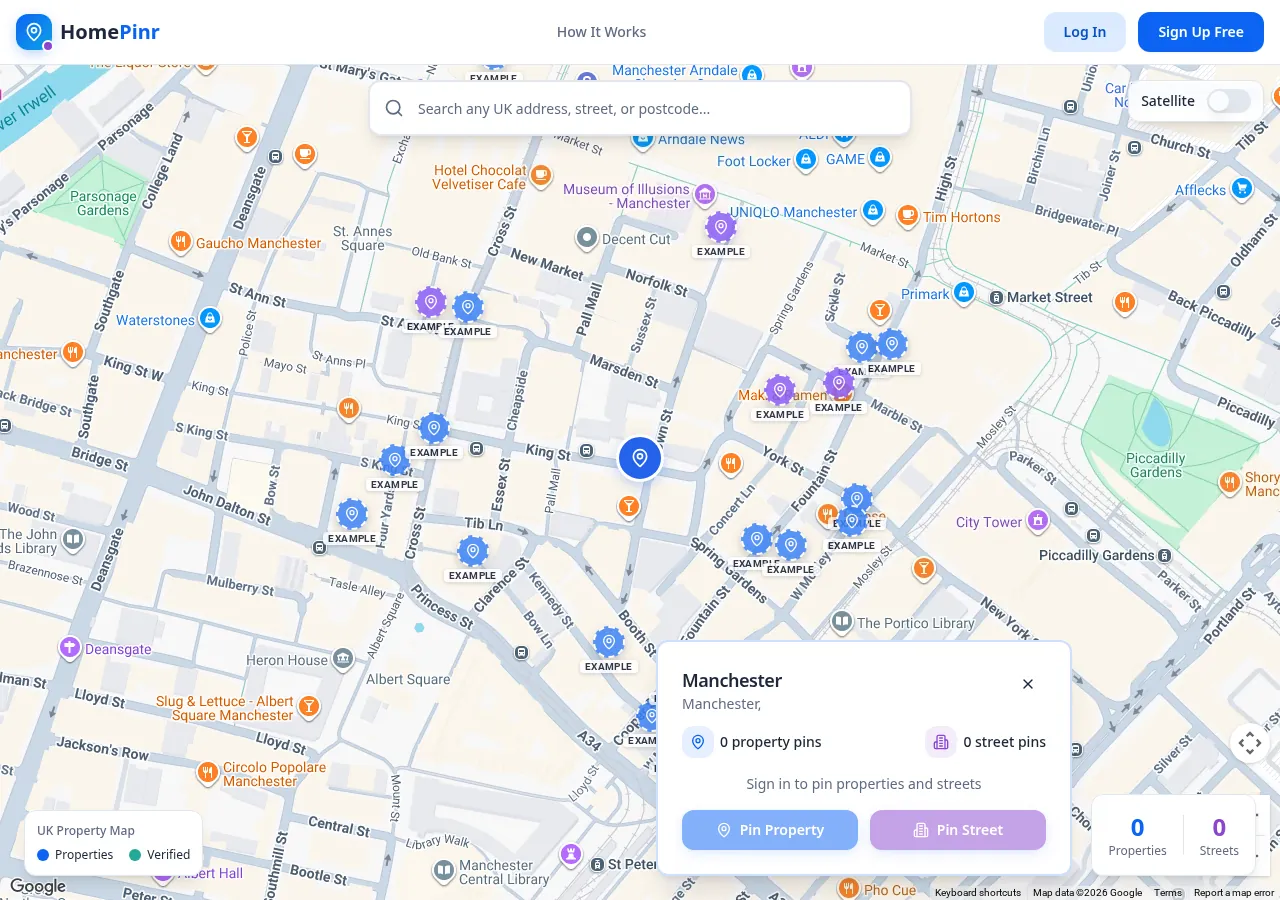 HomePinr map centred on Manchester with example property and street pins