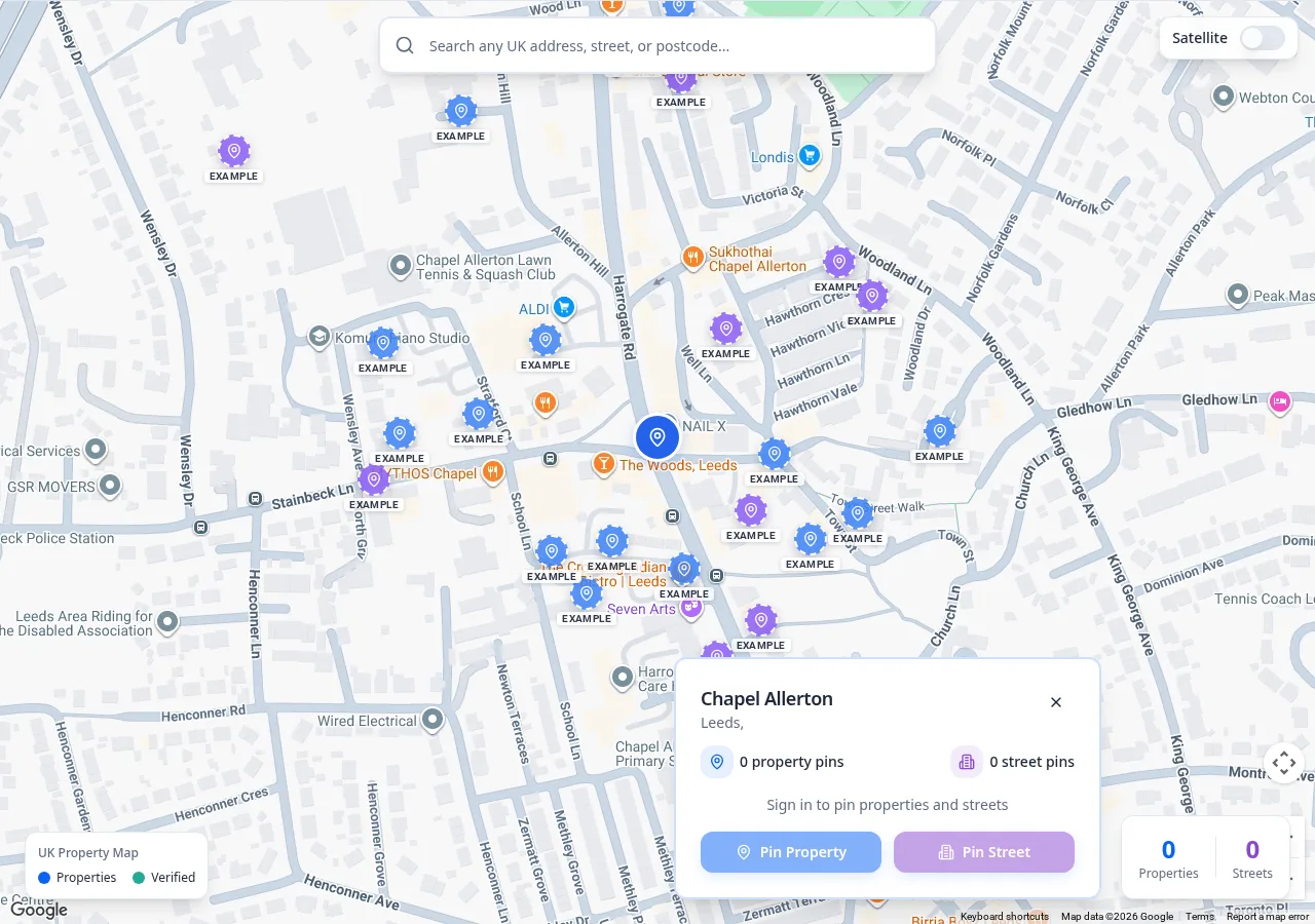 HomePinr map of Chapel Allerton, Leeds, centred where Harrogate Road meets Stainbeck Lane, with pins labelled EXAMPLE and a Chapel Allerton search card