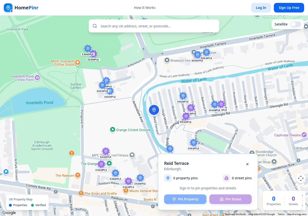 HomePinr map of Stockbridge, Edinburgh, centred on Reid Terrace beside the Water of Leith, with pins labelled EXAMPLE and a Reid Terrace search card