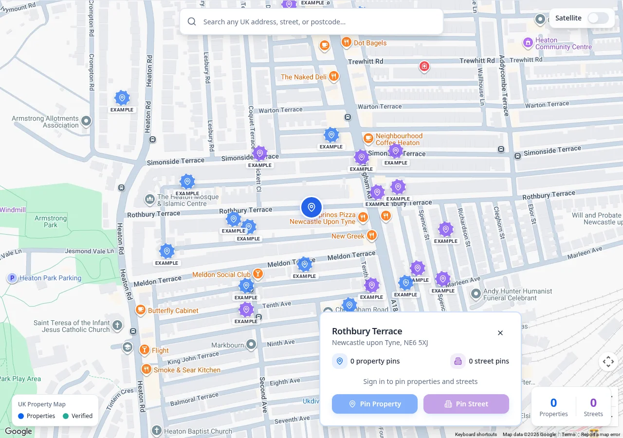 HomePinr map of Heaton, Newcastle upon Tyne, centred on Rothbury Terrace, with pins labelled EXAMPLE and a Rothbury Terrace search card